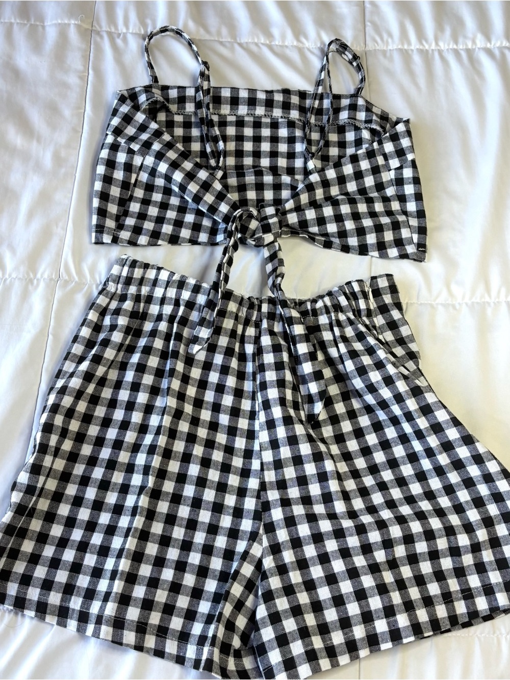 SHEIN Black & White Gingham Tie Crop Top and Shorts Set